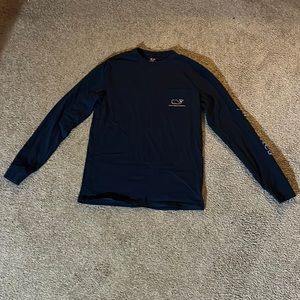 Navy blue Vineyard Vines long sleeve shirt with some red white and blue designs